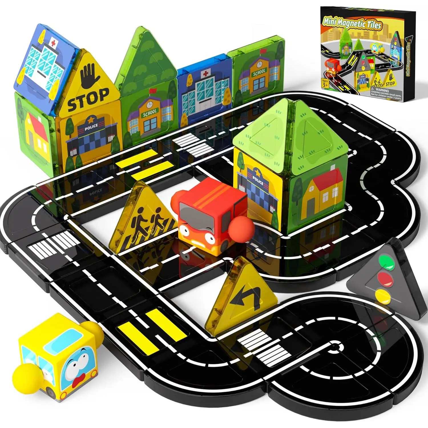 Mini Magnetic Tiles Road with 2 Cars,  City-Theme Travel Toys, Magnet Building Blocks Set for Kids, STEM Preschool Montessori Sensory Toy Birthday Gift for 3 4 5+ Year Old Boys Girls