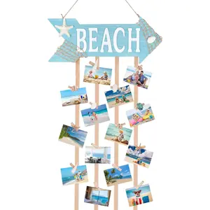 Hanging Photo Display Holder with 30 Clips (10 Shell Clips), Wooden Frames Wall Picture Organizer for Beach Decor, Collage Display, Postcards, Holiday Cards & Home Decoration