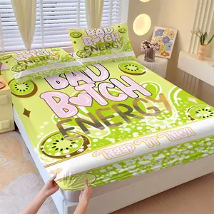 3-Piece "Bad B*tch Energy" Kiwi Fitted Sheet Set, 1 Fitted Sheet+2 Pillowcases, Soft Breathable Fabric, Deep Pocket, Green Fruity Vibe Bedding for Bedroom & Gift