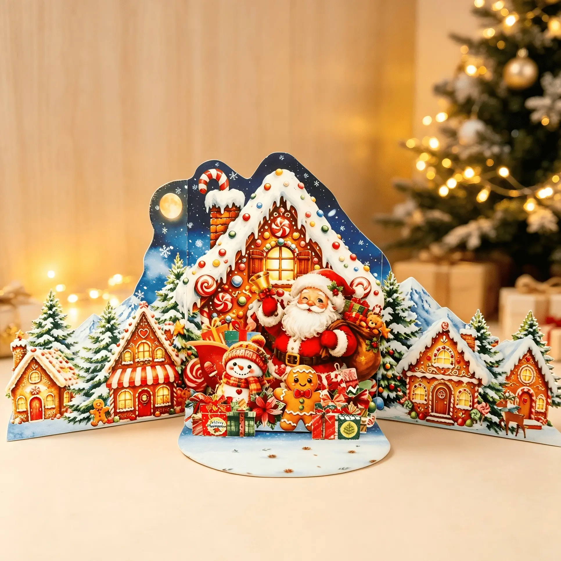 3D Pop-Up Christmas Card Featuring Santa and Gingerbread House Design, Desktop Holiday Decor with Envelopes, Perfect for Christmas Gifts and Greetings