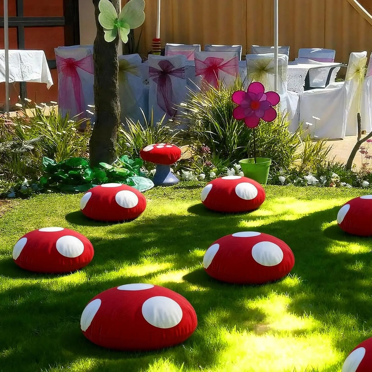 6 Pcs Cute Mushroom Floor Pillow 13.78 Inch Soft Mushroom Stuffed Throw Pillow 3D Round Red Seating Cushion with Polka Dot Wonderland Theme Party Decor for Home Bedroom Living Room