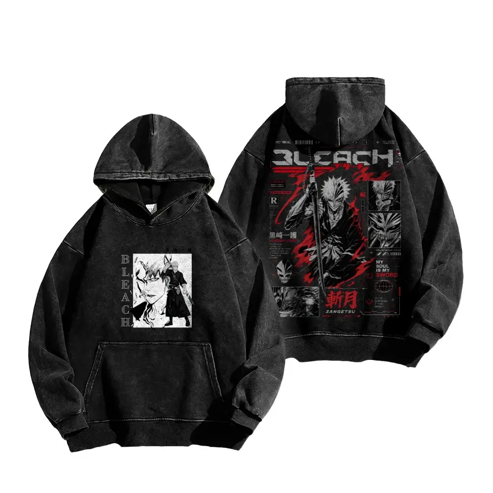 Vintage Washed Hoodie Bleach Ichigo Kurosaki Hollow Mask Graphic Pullover Hooded Sweatshirt Zangetsu Anime Retro Streetwear Long Sleeve Top