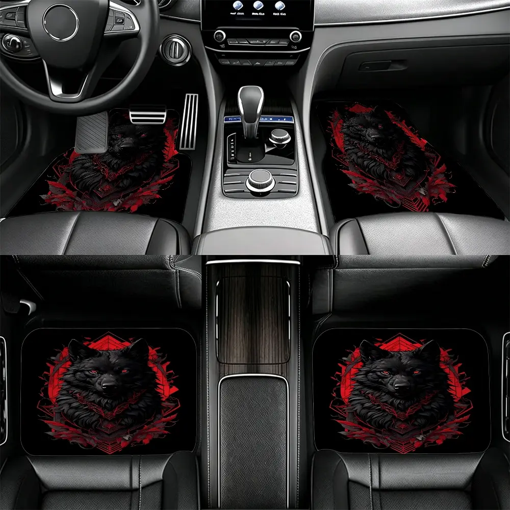 4pcs Red Black Wolf Head Pattern Car Floor Mat Set, Machine Washable Non Slip Universal Rugs For Car SUV Interior Decor