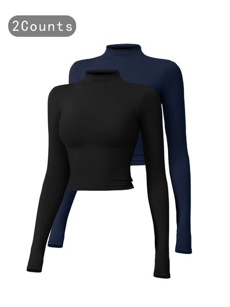 Women's Solid Mock Neck Sports Tee, Quick Drying Breathable Long Sleeve T-shirt for Yoga and Gym Wear, Ladies Casual Workout Tops for Fall & Winter