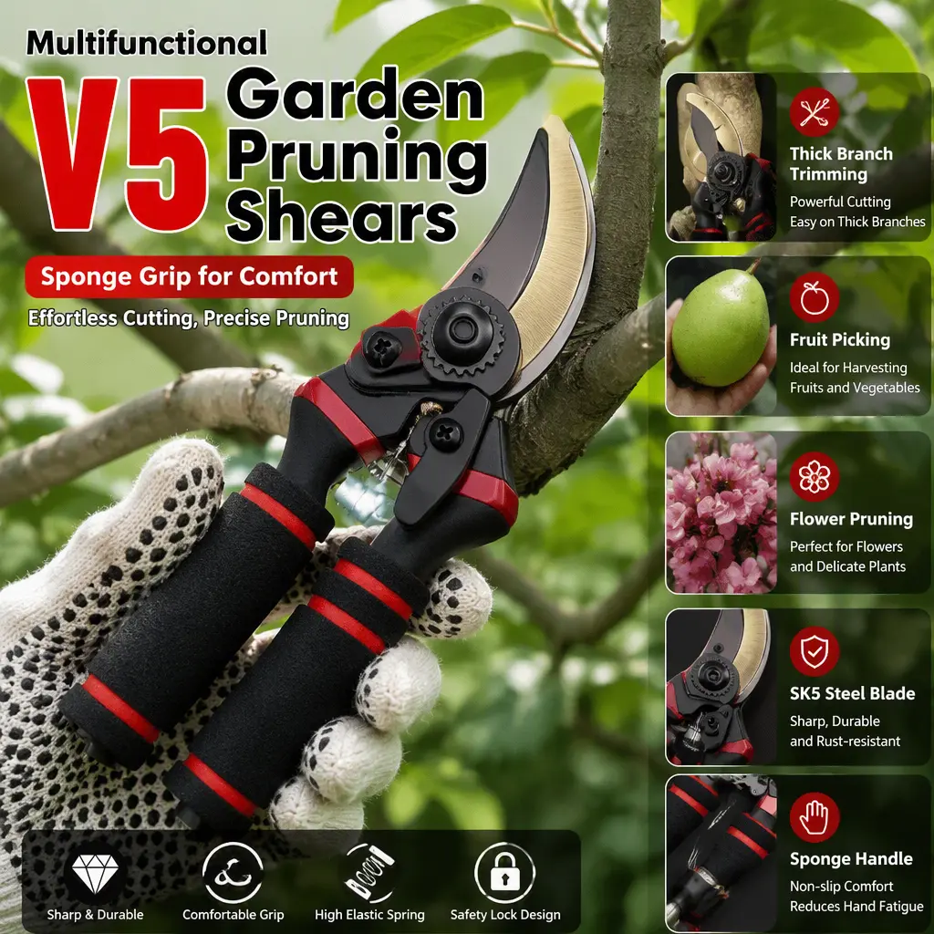 V5 Thick‑Branch Pruning Shears with Sponge Handle, Practical Garden Tool for Fruit Tree Trimming & Harvest Picking