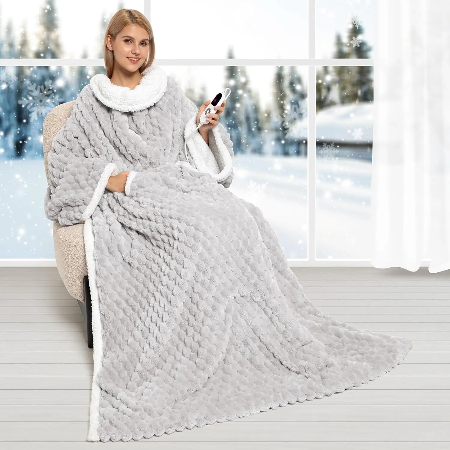Electric Blanket Heated Throw, Soft Flannel & Sherpa Wearable Heated Blanket with Sleeves, Heating Wearable Blanket with 6 Heating & 12H Auto Off, ETL Certified,  Office Use 52x72 Inch, Grey