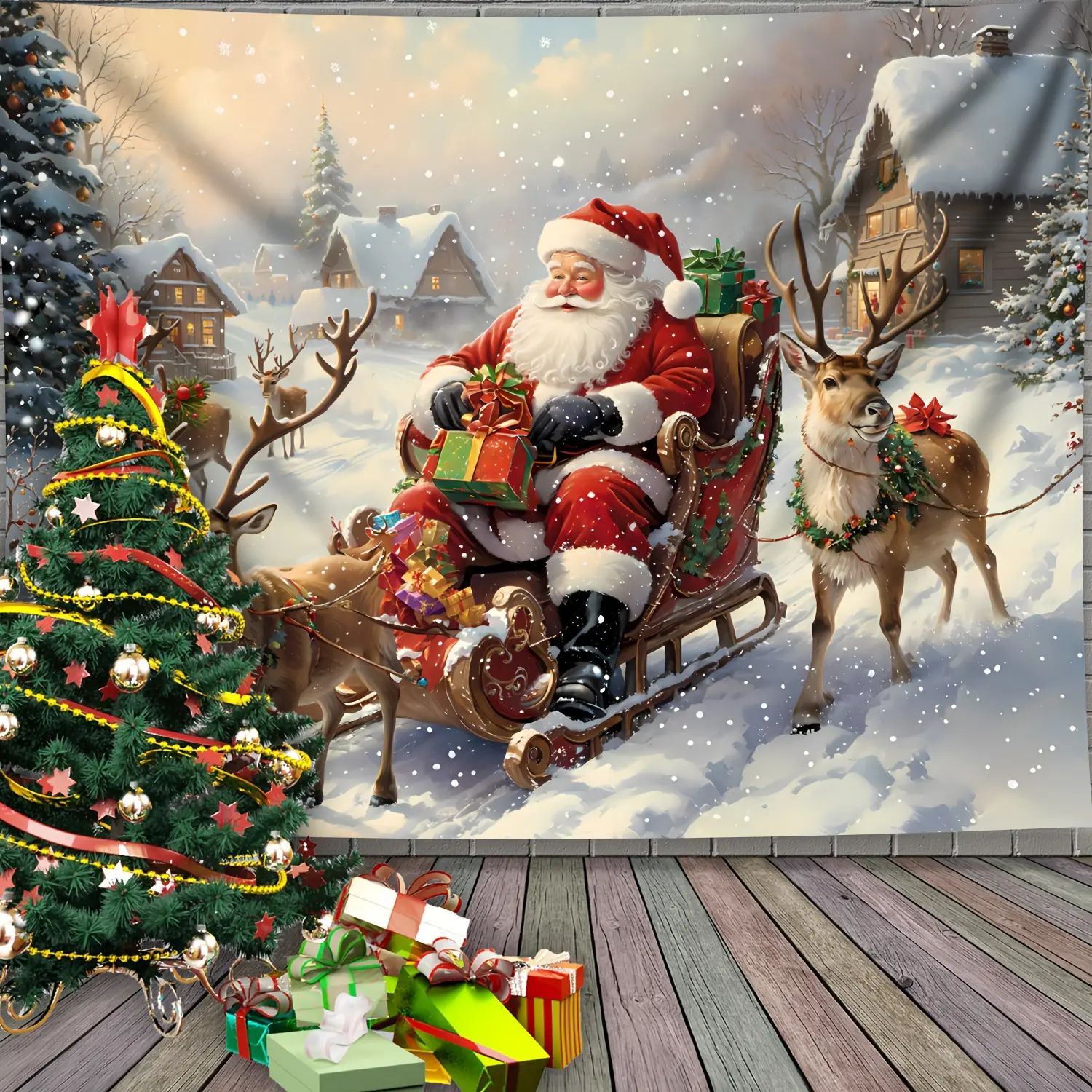 Multicolored Watercolour Santa Claus Carriage Christmas Tapestry Wall Hanging - Flat Print Wall Decoration, Thanksgiving Festive Backdrop for Living Room, Office Live Streaming (Letters-Infused Design), Holiday, Figures
