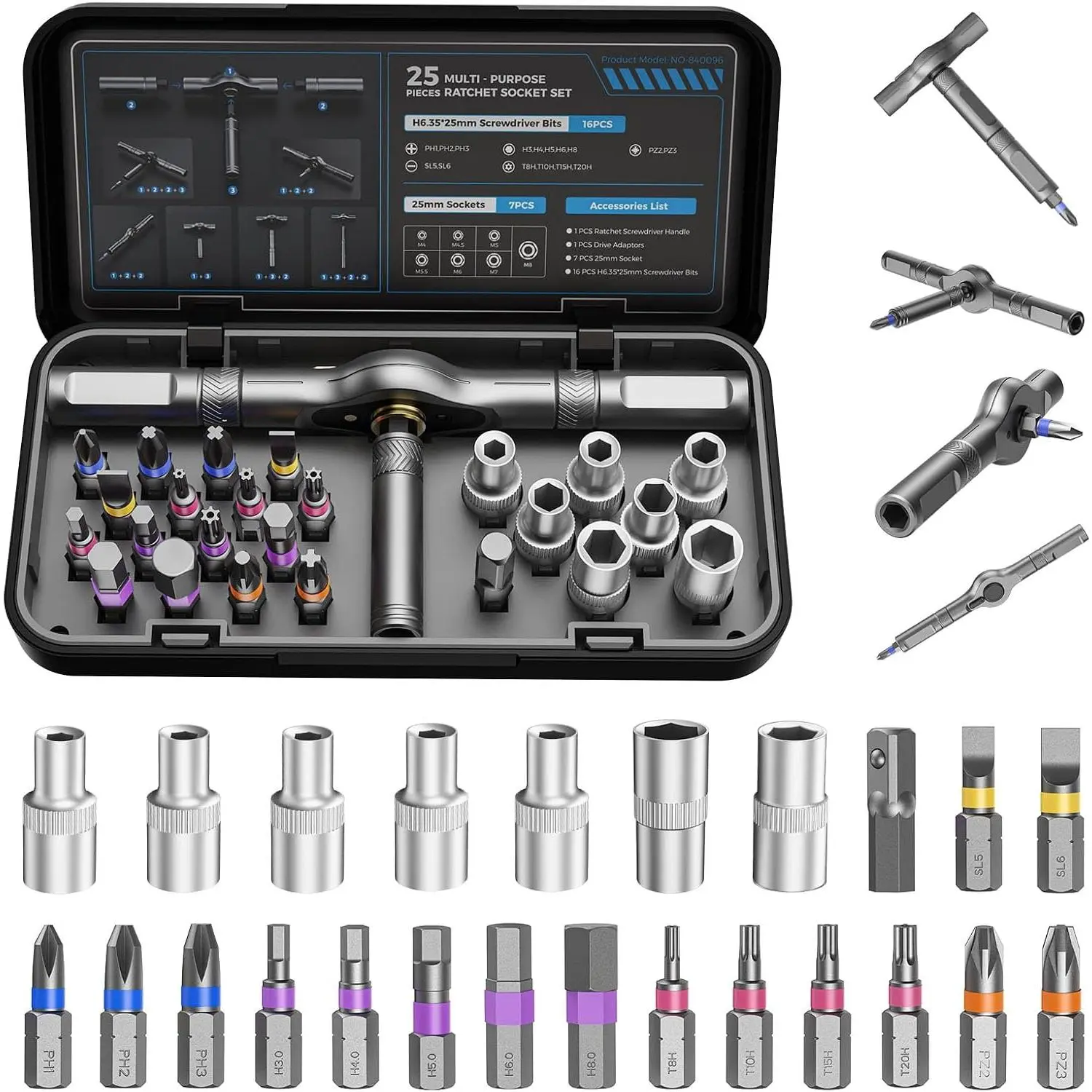 25 in 1 Ratchet  Set, S2 Steel Bits | Detachable Ratchet Handle,   Design, Ratchet Wrench Tool Kit for Electronics, Furniture, ,  Repair