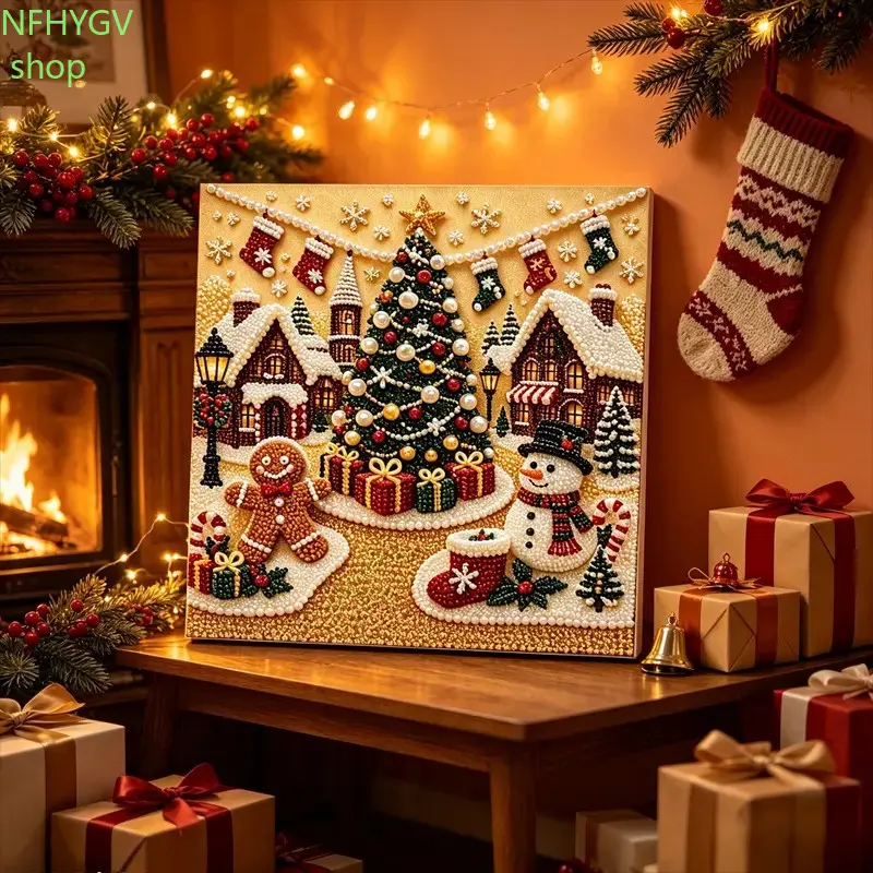 Frameless 3D Pearlescent Christmas Diamond Painting 7.87 X 7.87-Inch, Wreath And Stocking Mosaic Kit, Stress-Relieving DIY Craft for Indoor Home Wall Decoration