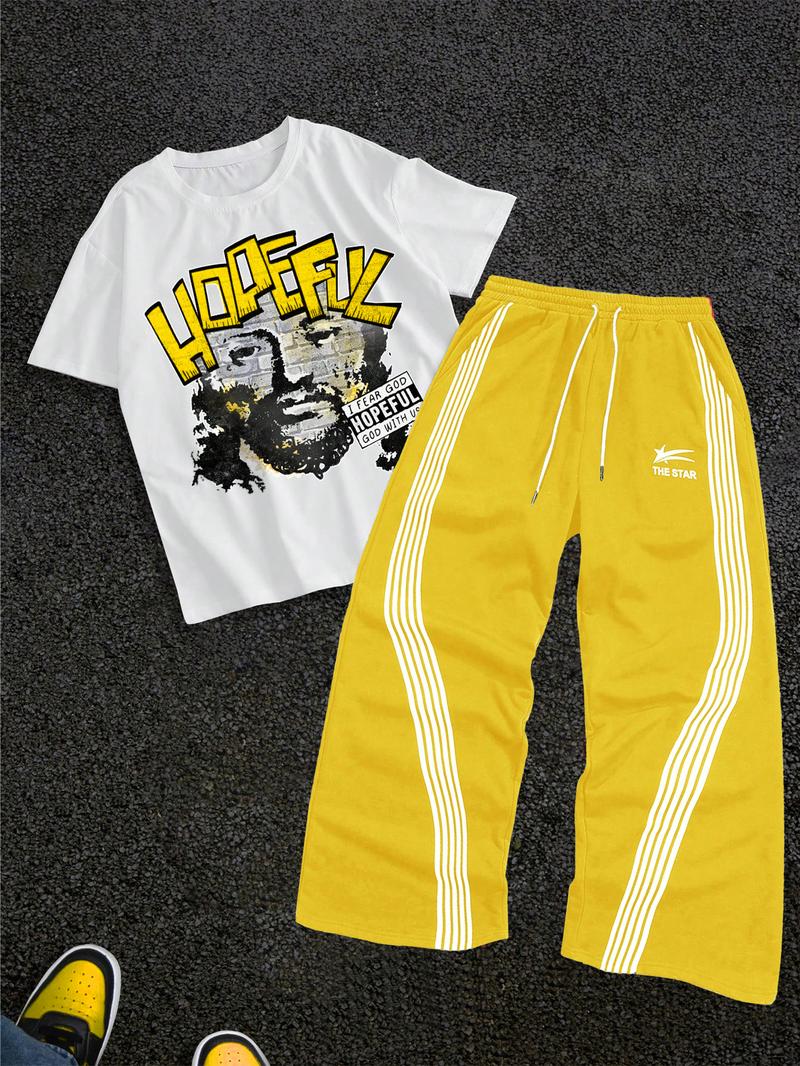 Men's Letter Print Short Sleeve Graphic Tee & Side Stripe Drawstring Waist Pants Two-piece Set, Regular Fit Round Neck T-shirt & Pocket Trousers, Casual Fashion Cozy Breathable Men Outfits for Spring & Fall