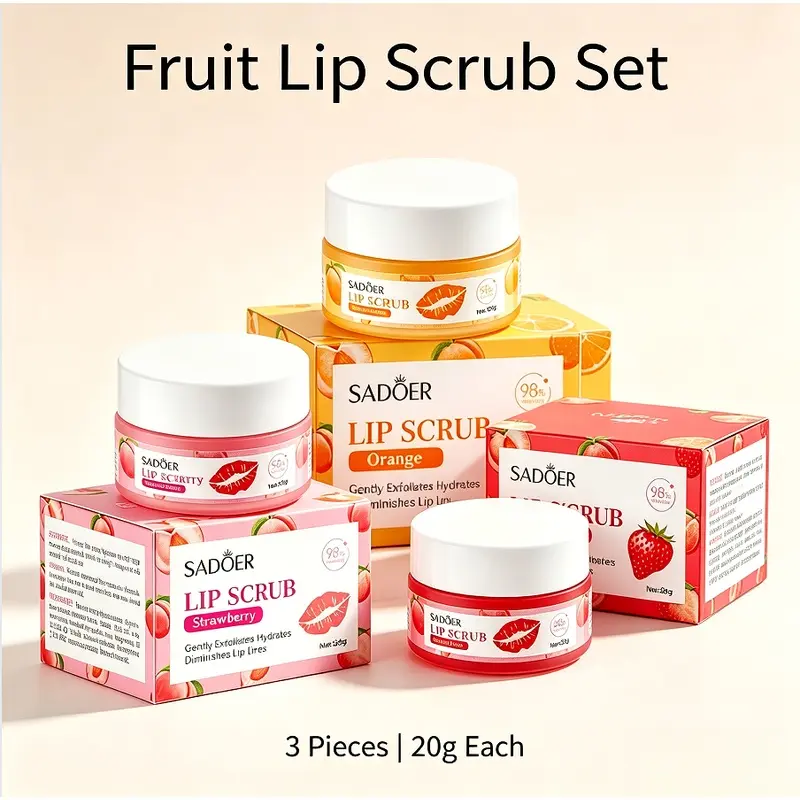 3 PCS SADOER Lip Scrub Peach Strawberry Orange Gentle Exfoliating Moisturizing Lip Balm Multi Flavor Lip Treatment