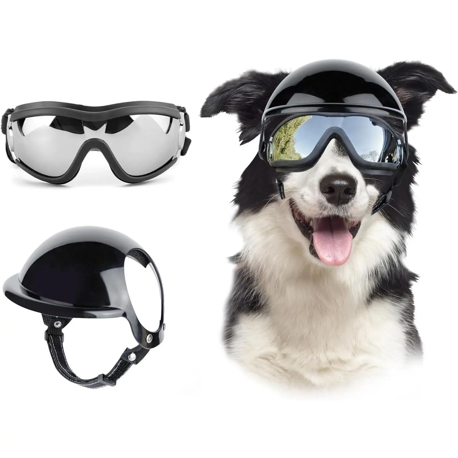 Dog Goggles and Helmet Set - Anti-dust UV Protection Sunglasses, Durable Motorcycle Helmet with Ear Hole, Adjustable Pet Glasses for Medium to Large Dogs - Black