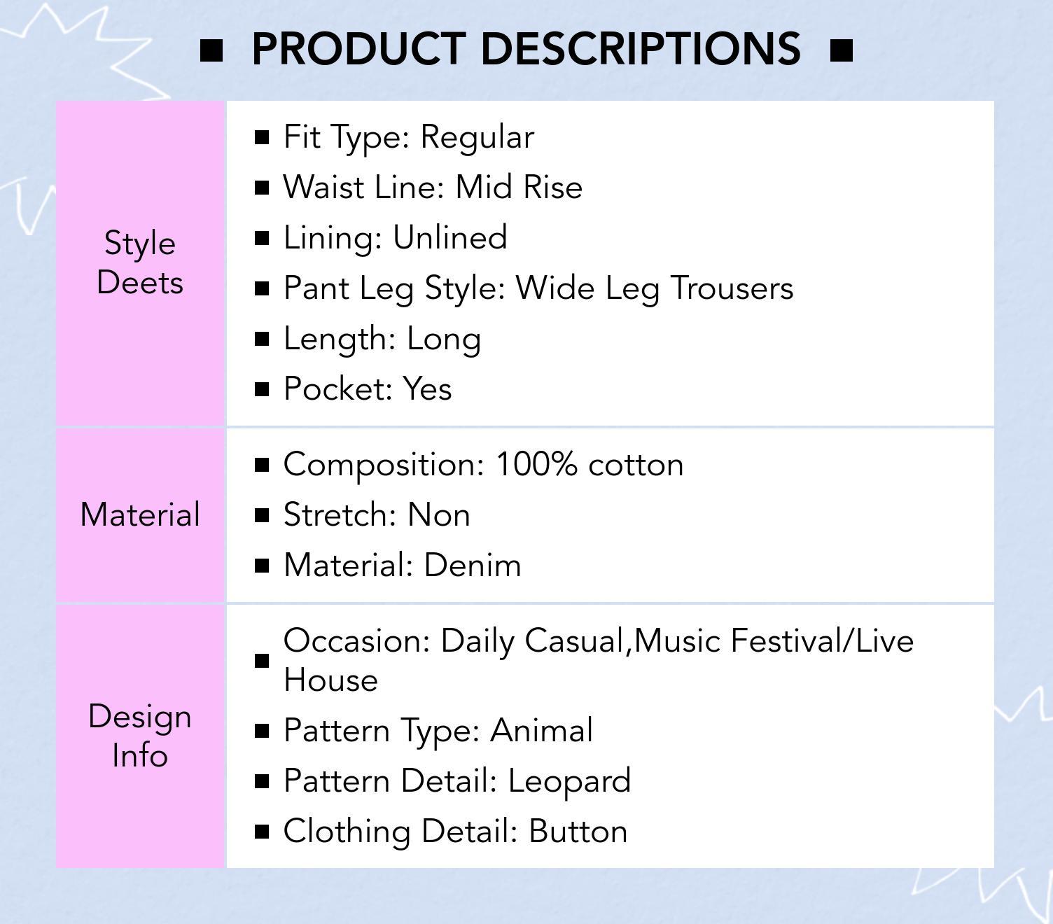 Cider [4 colors, size 0-26] Denim Mid Waist Leopard Wide Leg Pants, 100% Cotton Animal Pants for Daily Casual Streetwear, Viral Pinterest Hiphop Vintage Style Pants With Pockets, Summer Y2k Pants for Women