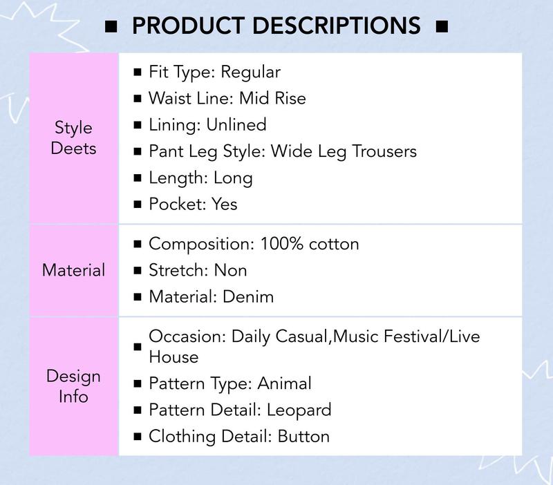 Cider [4 colors, size 0-26] Denim Mid Waist Leopard Wide Leg Pants, 100% Cotton Animal Pants for Daily Casual Streetwear, Viral Pinterest Hiphop Vintage Style Pants With Pockets, Summer Y2k Pants for Women