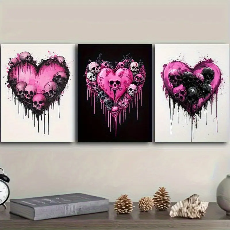 3-piece set 2D - Halloween decorations - Decorative paintings of skulls, hearts, pink posters - Halloween decorations - Painting art supplies - Art supplies clearance - Home decor clearance - Wall decorations - Halloween