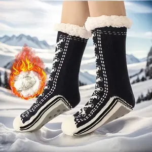 Thick Fleece Lined Knit Slipper Socks Non Slip Rubber Thermal Mid Calf Winter Floor Socks Multi Color Warm Foot Cover For Women Indoor Home Cold Weather Wear