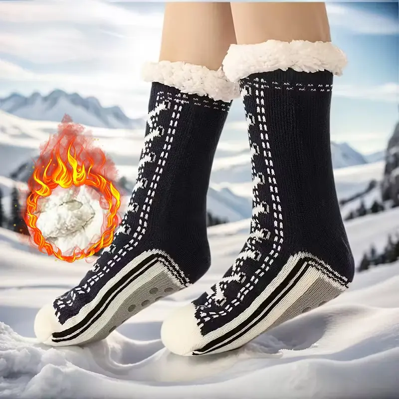Thick Fleece Lined Knit Slipper Socks Non Slip Rubber Thermal Mid Calf Winter Floor Socks Multi Color Warm Foot Cover For Women Indoor Home Cold Weather Wear