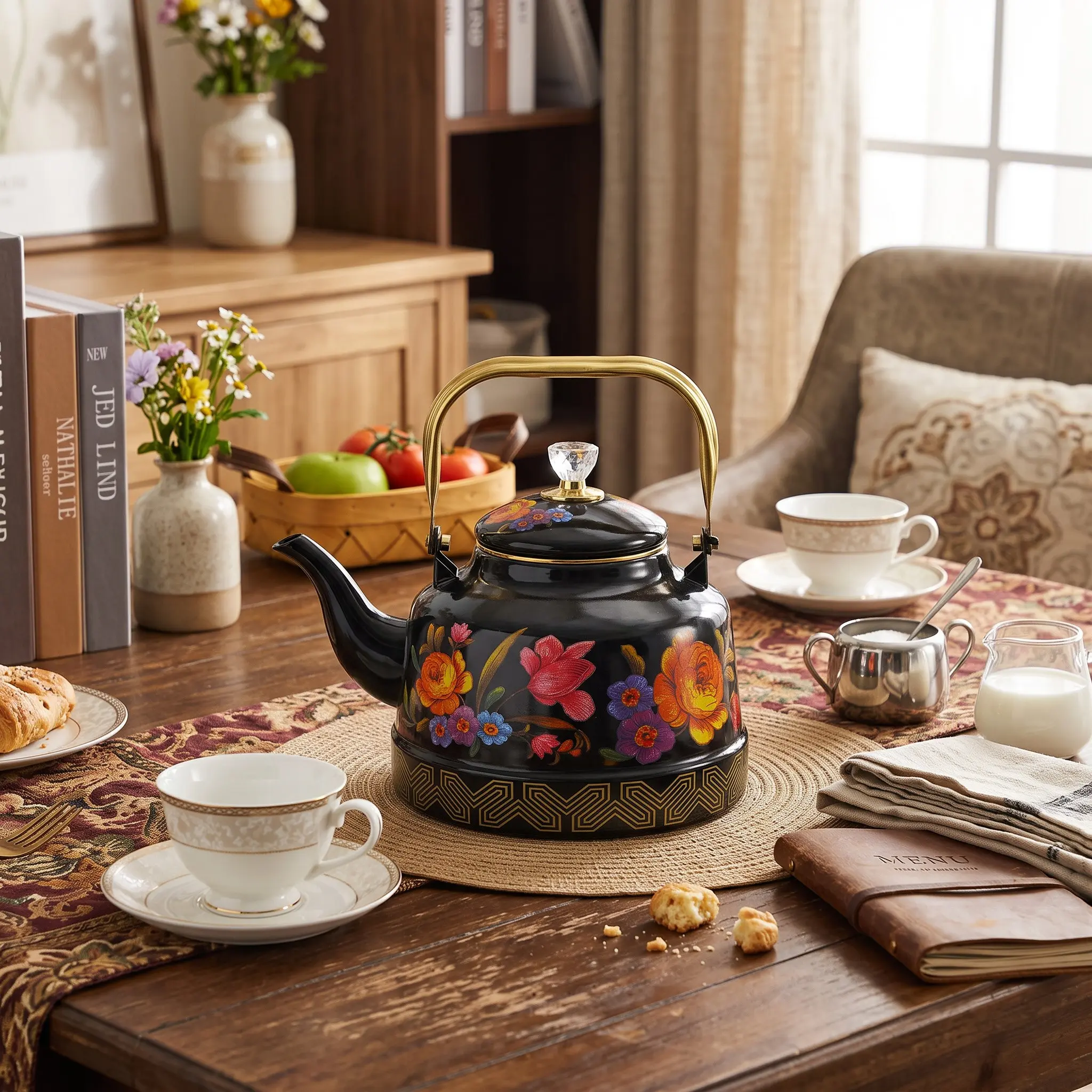 1pc Christmas Festival Enamel Mirror Flower Antique Clock Pot 1.7L, Water Kettle, Coffee Pot, Tea Set Accessory, Gift for Home Office