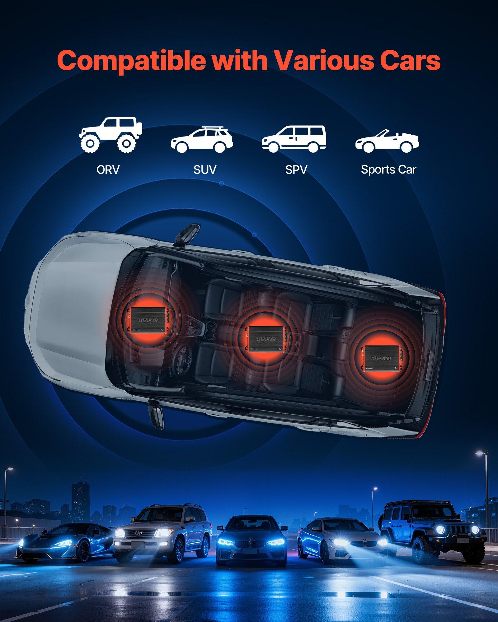 VEVOR 4 Channel Car Audio Amplifier 2 Ohm Stable Bridgeable Class D Full Range Amp Max Power 4 x 120W @ 4 Ohm / 4 x 200W @ 2 Ohm for Car SUV Truck Off-Road