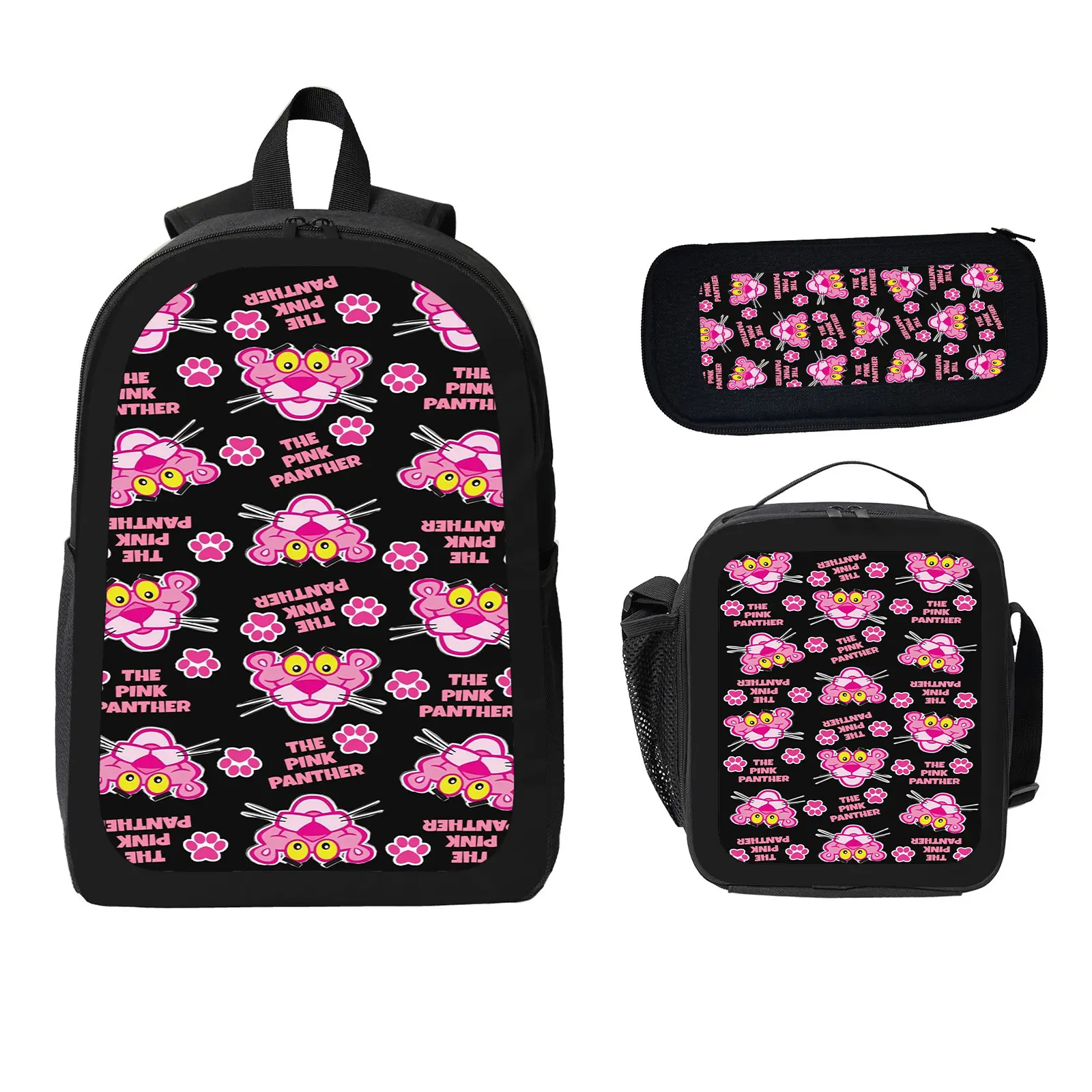 Unisex Pink Panther 3-Piece School Backpack Set Pack for Kids, Large Capacity Water-Resistant Bookbag with Insulated Lunch Bag & Pencil Case, Elementary-Middle School Travel Daypack e-55