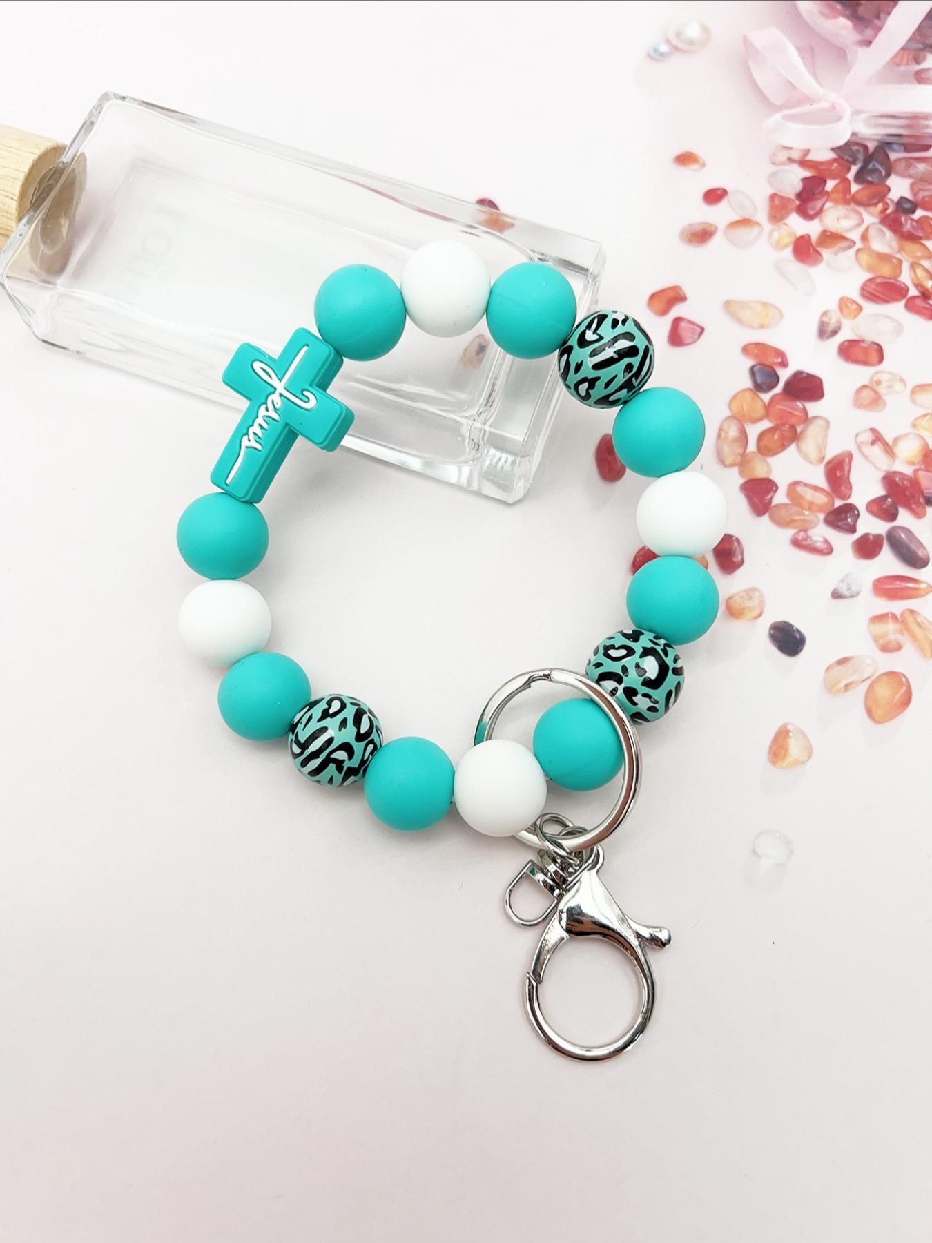 Leopard Wood Beads Keychain, Multi-colored Silicone Beads, Crossover Letters Bag Pendant, Car Key Pendant, Gift for Friends