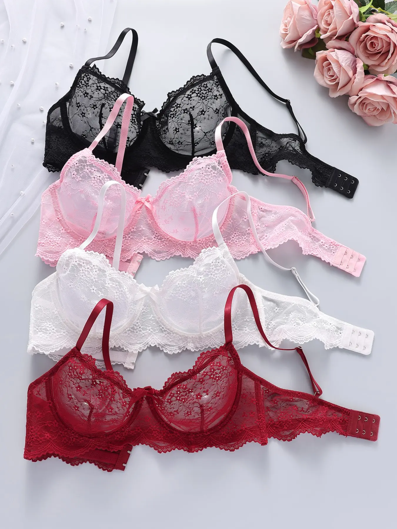 4-Pack Women's French Lace Bra Set, Ultra-Thin Breathable Push-Up, Adjustable Straps, Casual & Date Wear, All-Season Comfort, Breathable Bras