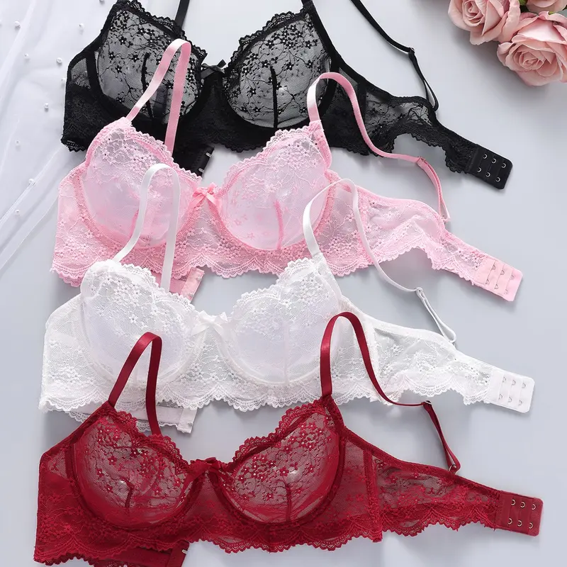 4-Pack Women's French Lace Bra Set, Ultra-Thin Breathable Push-Up, Adjustable Straps, Casual & Date Wear, All-Season Comfort, Breathable Bras