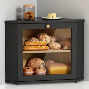 Black Two Layer Corner Bread Box, Large Bread Storage Container for Homemade Bread, Under Cabinet Mountable Bread Holder for Kitchen Countertop & Pantry Shelf