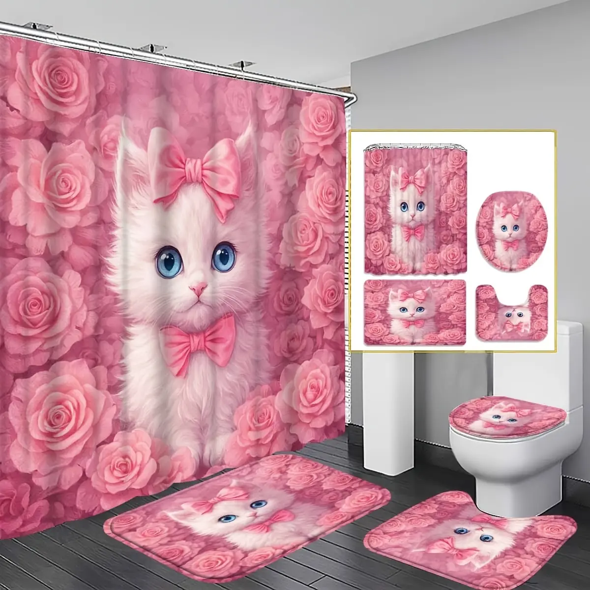 1/4pcs Sweet Kitten Shower Curtain Set, White Kitten Pink Bow Rose Background Bathroom Decor, Bathroom Additions Include, U-Shaped, Toilet Lid Cover, 70.87X70.87inch Shower Curtain with Hook, Girly Heart Style, Sweet Style, Kitten Princess