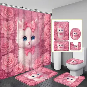 1/4pcs Sweet Kitten Shower Curtain Set, White Kitten Pink Bow Rose Background Bathroom Decor, Bathroom Additions Include, U-Shaped, Toilet Lid Cover, 70.87X70.87inch Shower Curtain with Hook, Girly Heart Style, Sweet Style, Kitten Princess