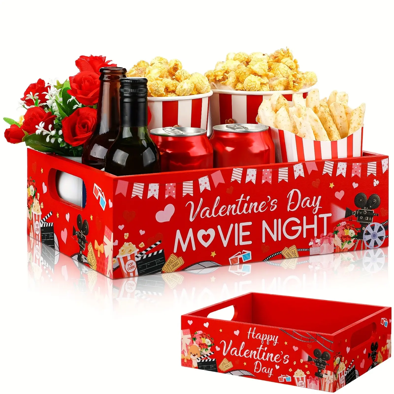Reusable Wood Movie Night Snack Tray & Gift Basket with Handle - Popcorn Bucket, Bowl, Box for Theater Parties, Parties, Christmas & Valentine’s Decor - Durable for family Gatherings, Nominnomatchable for treat Display, Christmas Decor