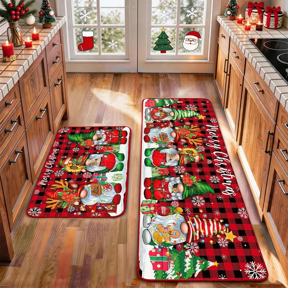 2 Pcs Christmas Kitchen Rug Mat Gnomes Gingerbread Tree Santa Clause Snowflake Red Black Floor Mat Set Farmhouse Kitchen Rug Non Slip Restaurant Floor Dining Room Laundry Room Decor Carpet Mat Winter Decor Home Decor Rug