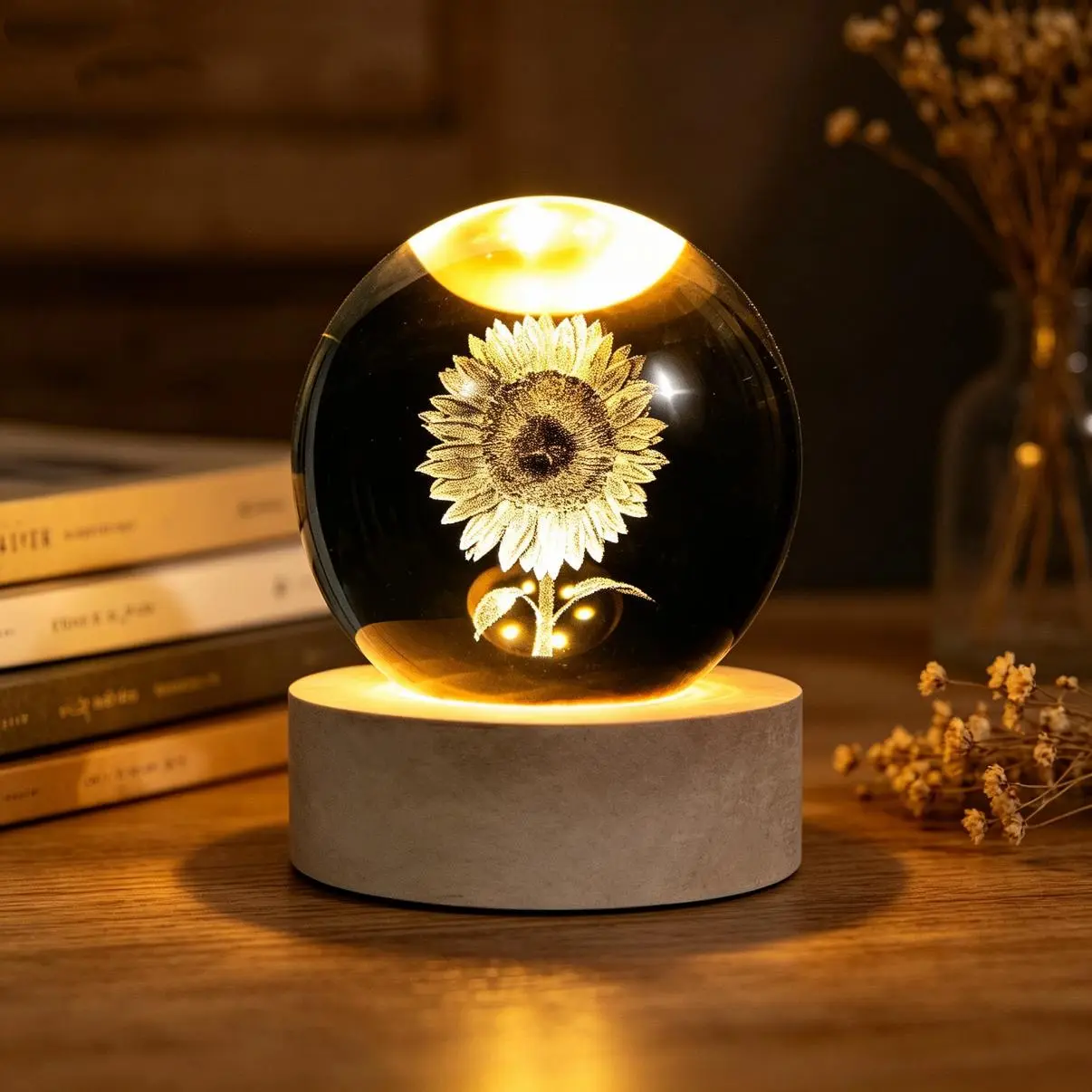 3D Sunflower Crystal Ball Lamp on LED Wood Base, USB Night Light Projecting Dreamy Light Rings, Collectible Home Decor Gift for Mom for Christmas, Valentine's Day, Thanksgiving, Adapter, Valentines Day, Usb Cable, 3D Laser Engraved, Diamond-Like Clarity,,