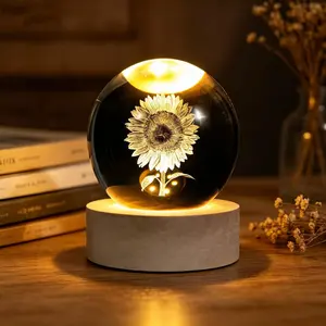 3D Laser Etched Sunflower Crystal Ball Lamp with Diamond-Like Clarity - Portable Charger Compatible, LED Wooden Base, USB Cable, Adapter Included Indoor Recreation Decor Collectible Figurine Gift for Mom for Christmas