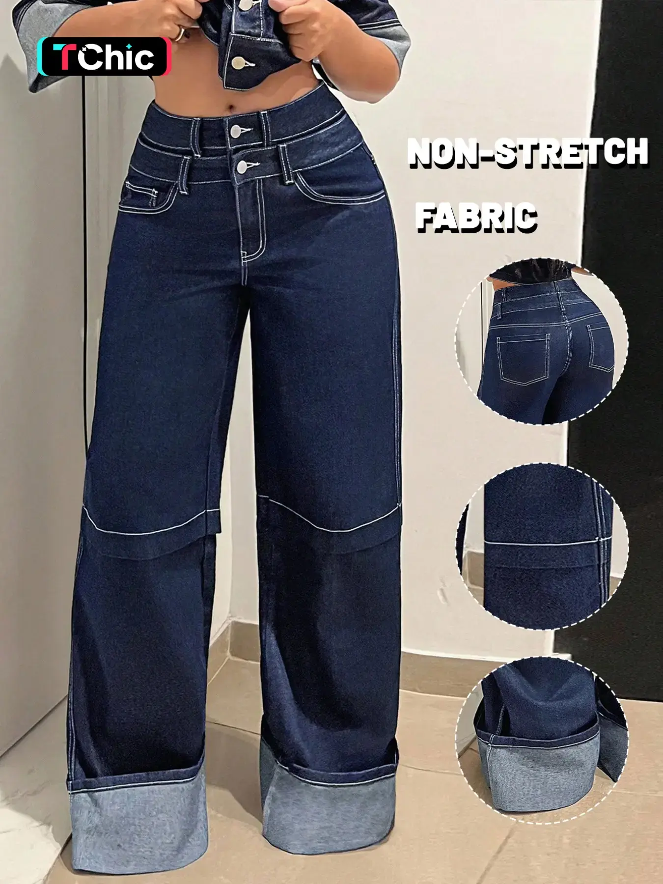 GILIPUR Women's Dark Indigo Washed Double Waistband High Waist Wide Leg Jeans, Contrast White Stitching Cuffed Hem Loose Floor Length Denim Pants, Vintage Workwear Streetwear Daily Casual Outfits for Women TChic