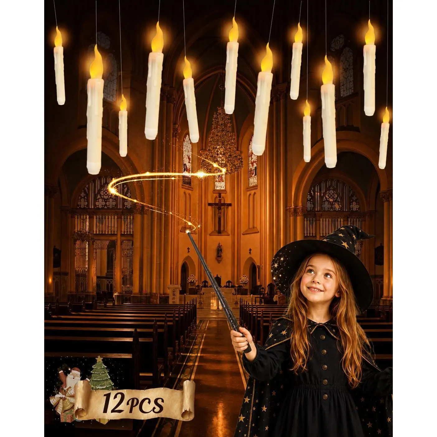 Flameless Floating Candles with Wand,12 Pcs LED Taper Candles,Flickering Battery Operated Taper Candle with Wand Remote for Halloween Decorations