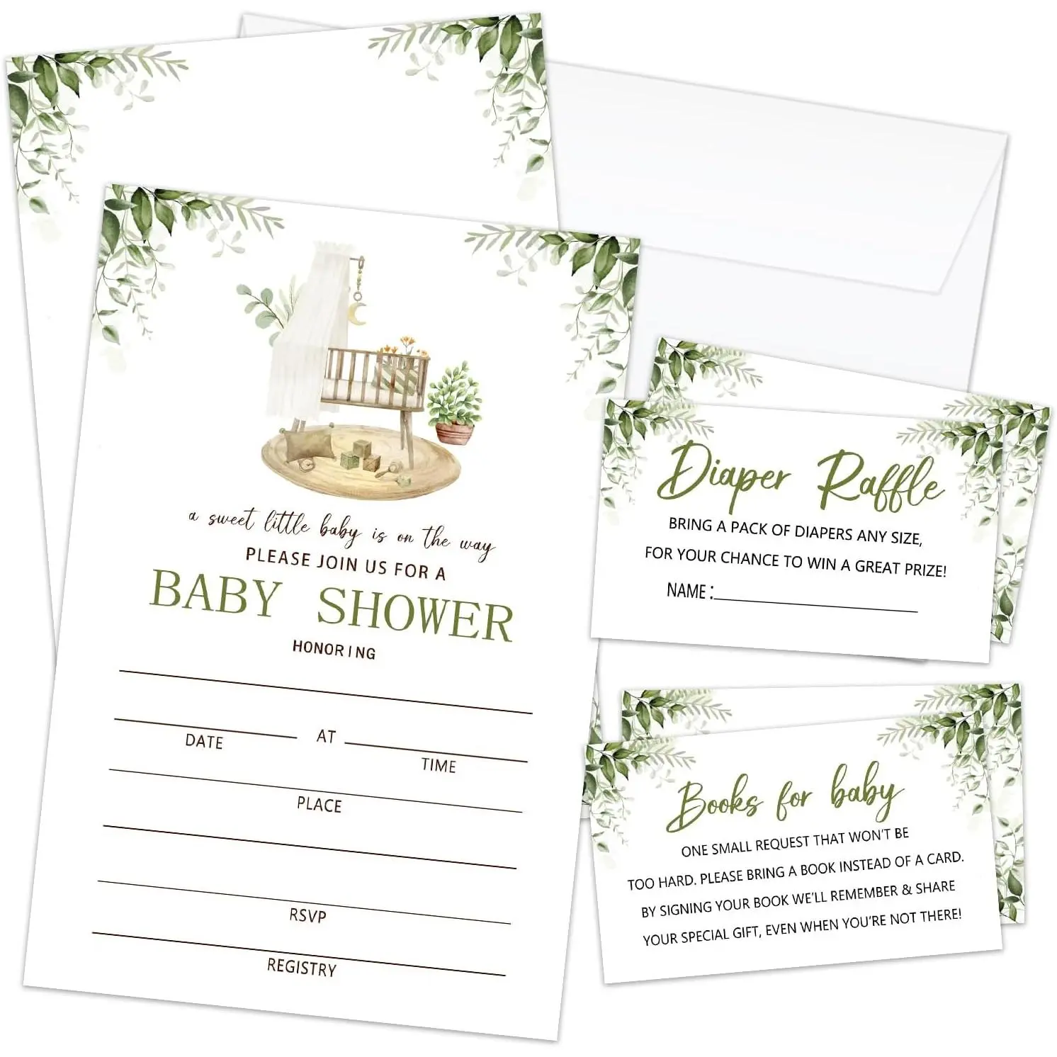 Shower Invitations for Boy Girl, Greenery  Shower Invites with Envelopes, Set of 25  Fill-In Invites Cards with Envelopes & Book Request Cards & Diaper Raffle Tickets -03