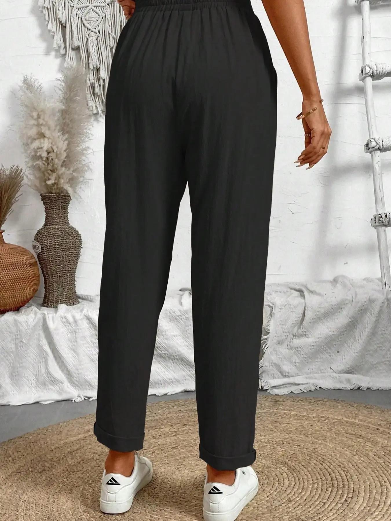 Women's Plain Pocket Drawstring Waist Straight Leg Pants, Casual Fashion Pants, Casual Comfy Trousers for Daily Wear, Ladies Bottoms for All Seasons