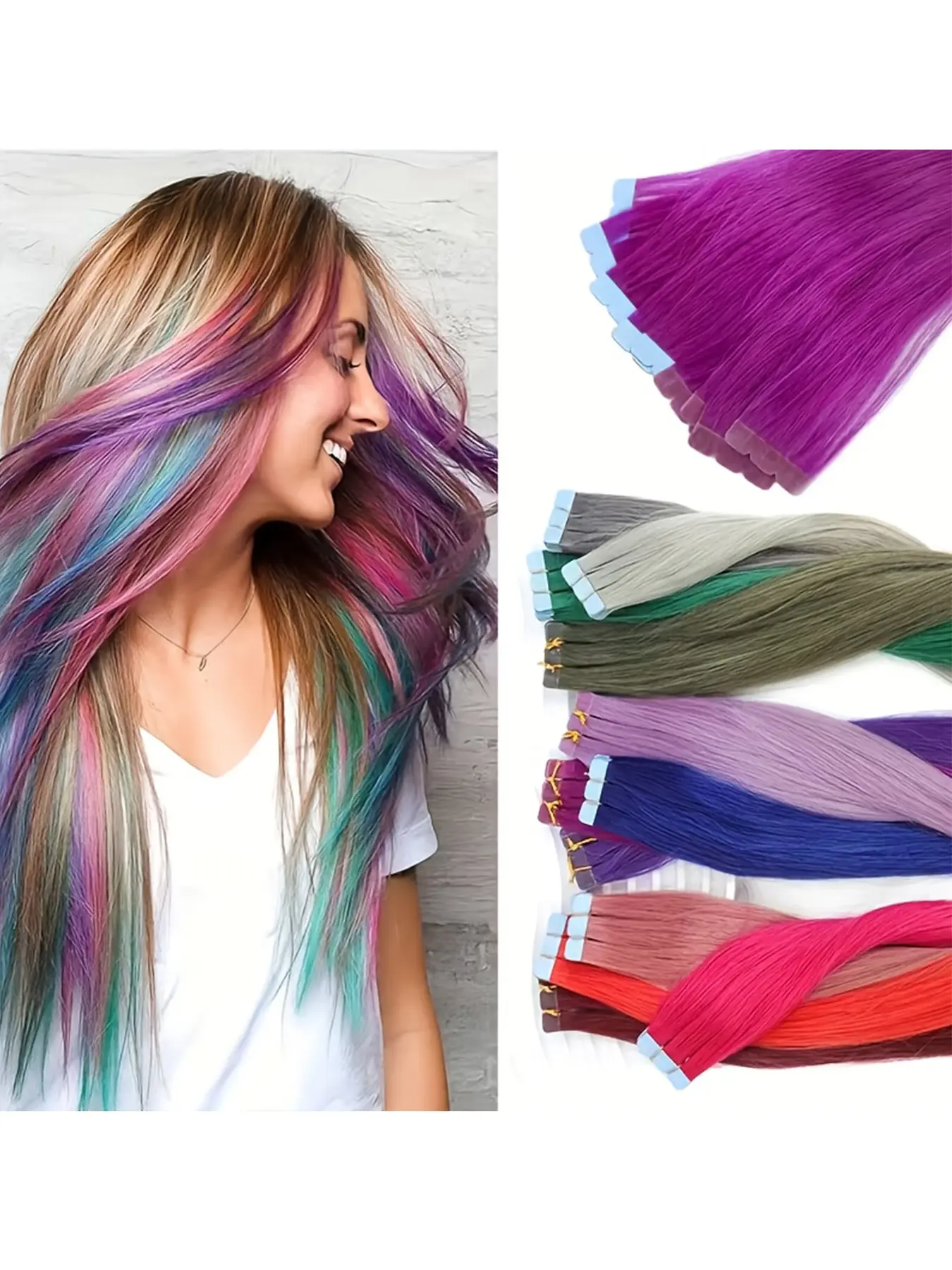Colored Pink Green Mini Tape In Hair Extensions Human Hair Natural Pink Blue Purple Gray Mini Tape In Hair Extensions Straight Seamless PU Tape Ins Hair Extensions For Women Daily Use Party