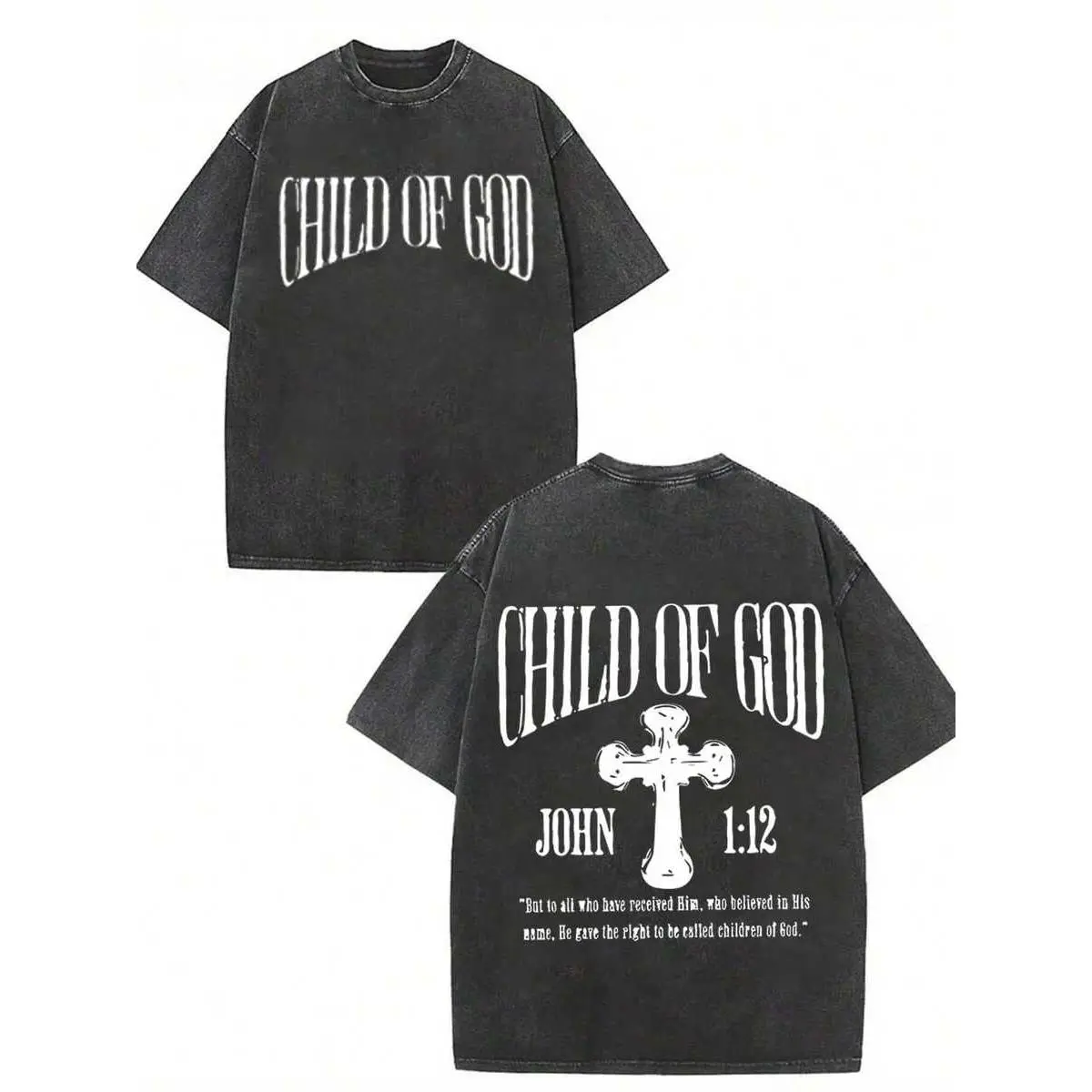 GLEC Child Of God, God Blesses You.Classic Retro Fashion Street Cross Jesus Popular Letter Pattern Print Boutique 230g Washed Cotton T-Shirt, Men's S