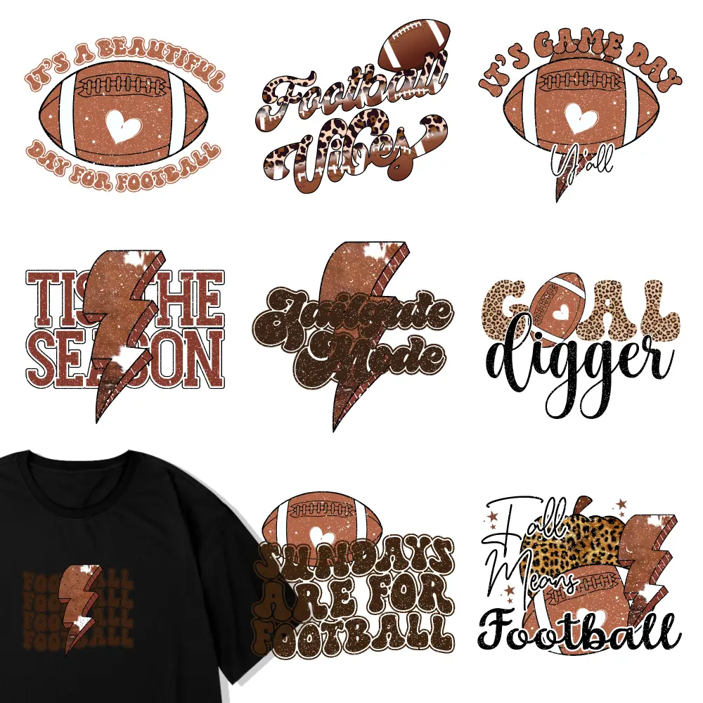 9 Pcs Football Vibes Game Day Yall Tis The Season Tailgate Mode Goal Digger Fall For Football Sundays Are For Football It's A Beautiful Day For Football Iron on Transfers Easy to heat press decals Washable heat transfer stickers Press