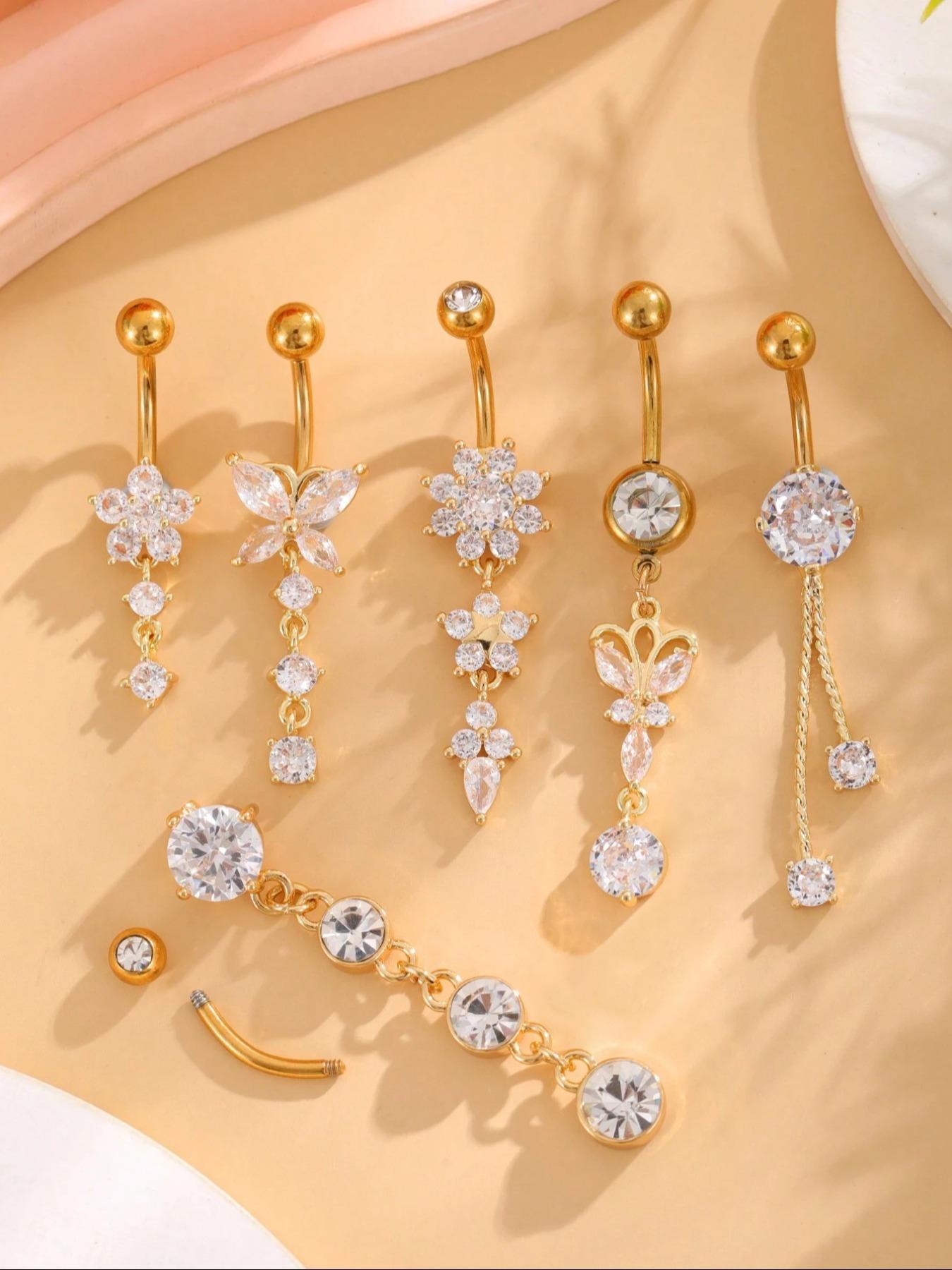 Women's Elegant Butterfly & Flower Design Belly Rings, Stainless Steel Belly Button Rings, Cute Trendy Belly Piercing Jewelry, Fashion Body Jewelry for Party & Daily Decor