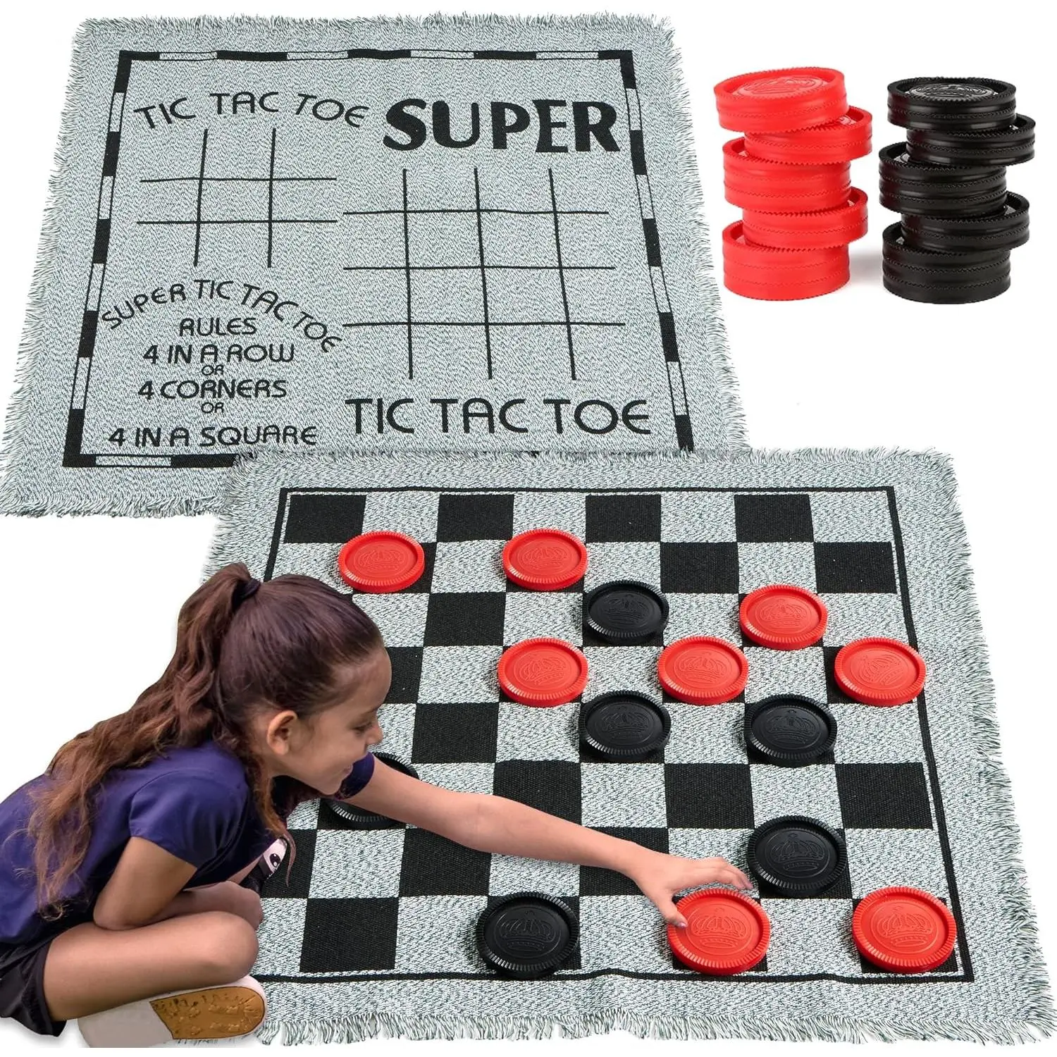 Giant 3-in-1 Family Checkers Set with Reversible Tic-Tac-Toe Mat, Classic Unisex Tabletop Games for Indoor & Outdoor Activity