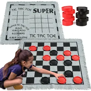 3-in-1 Vintage Giant Checkers, Tic, Tac, Toe, with Reversible Mat, 24 Chips, Family Board Game, Lawn Game, BBQ Party Favor, Indoor and Outdoor Activity for Kids and Adults