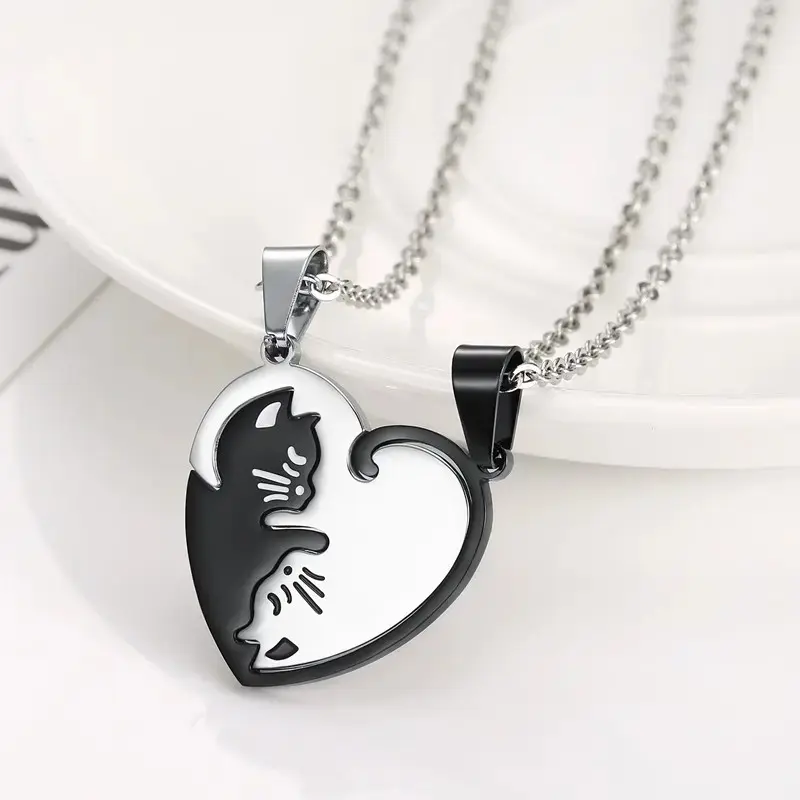 Unisex Stainless Steel Love Heart Cat Puzzle Necklace, Minimalist Chain, Fashionable Jewelry Accessories, Cute Couple Gift for Valentine's Day Anniversary,summerwins