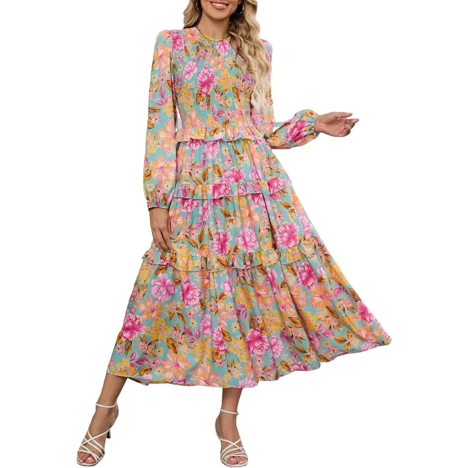 Womens Fall Floral Smocked Maxi Dress Long Puff Sleeve Bohemian Dresses Flowy Tiered Ruffle Wedding Guest Dress