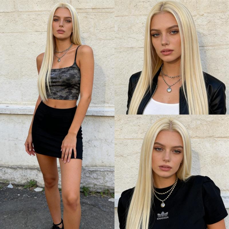 Front lace wig for women, long straight hair, no bangs, available in multiple colors, high-end and realistic