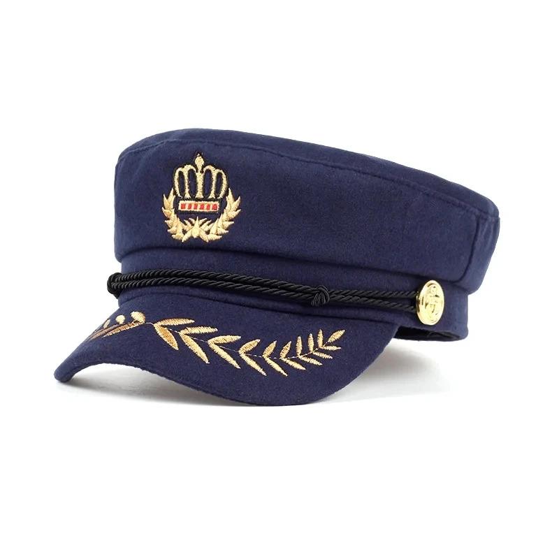 Unisex Crown Wheat Ear Navy Hat Spring Autumn Sailor Hats Men Flat Top Captain Military Caps Women Large Black Beret Caps