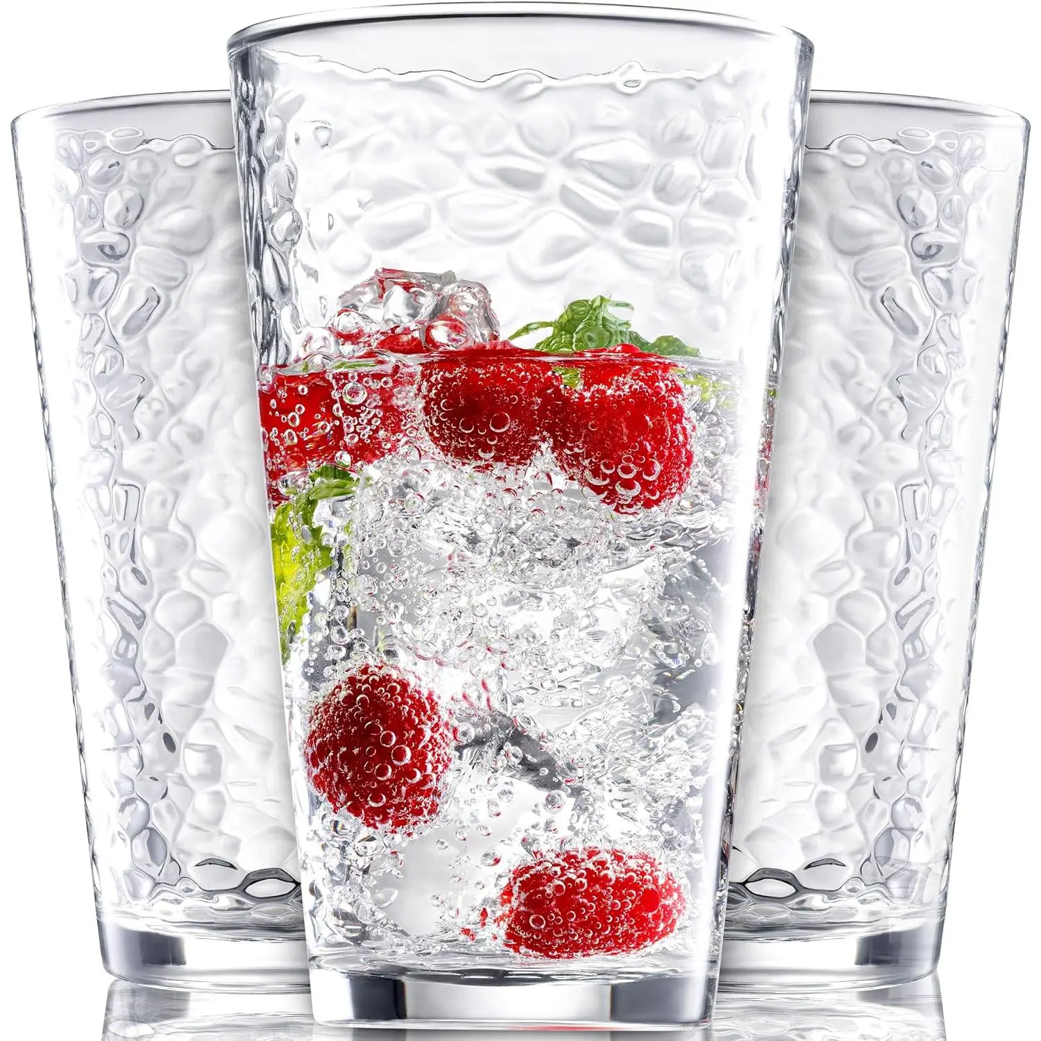 Set of 10 Hammered Glass Cups, Clear Heavy Base Drinking Glasses | 16oz, Stackable, Durable, Dishwasher Safe, Freezer Safe, Non Slip,   Grade, , Secure Packaging,