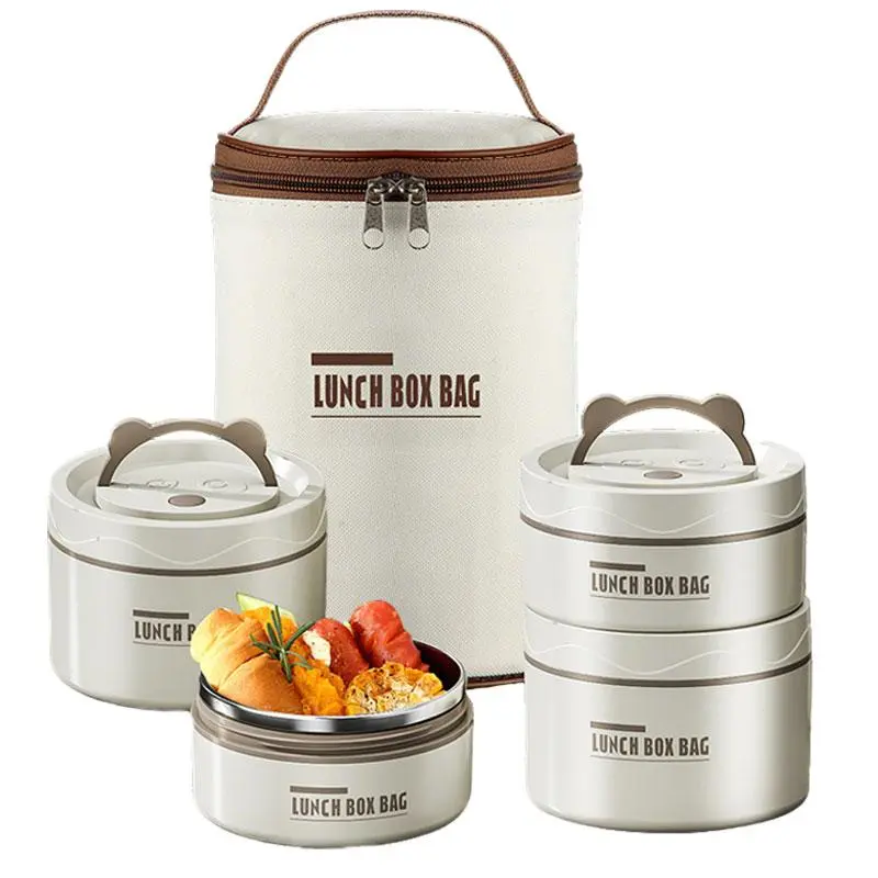 Insulated Round Stainless Steel Lunch Box Set, Portable Leakproof Stackable Thermal Food Container with Insulated Bag, Microwave-Safe Camping Picnicware for Adults (Beige), Lunch Boxes, Meal Prep Lunch Box, Microwavable Bento Box